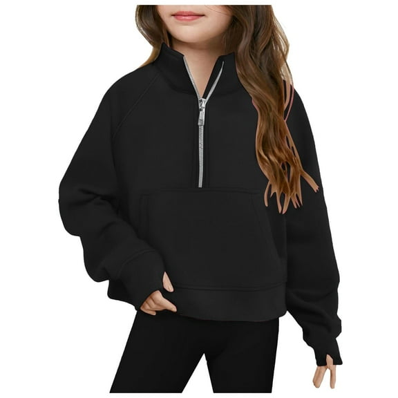 Sopiago Girls' Hoodies Sweatshirts Half Zipper Pullover Crop Tops for Teen Girls Long Sleeve Sweatshirts for Kids Black,5-6 Years
