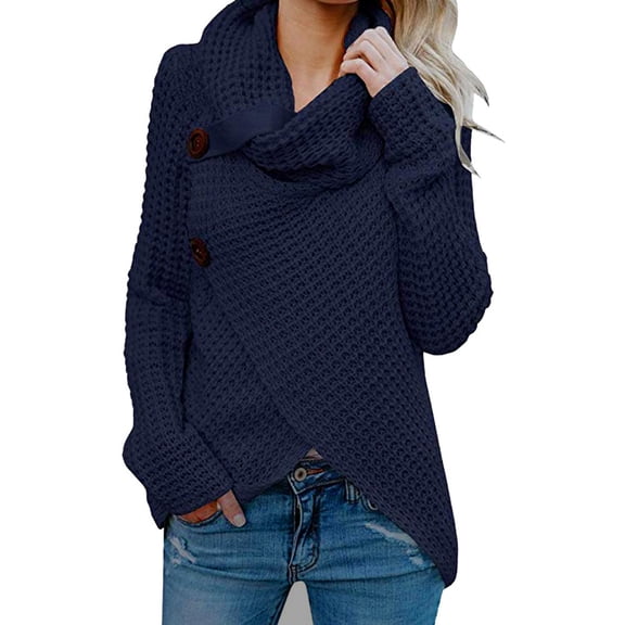 Waffle Knit Sweaters for Women Solid Color Loose Turtleneck Sweater Top Button Deco Wrap Front Sweatshirt