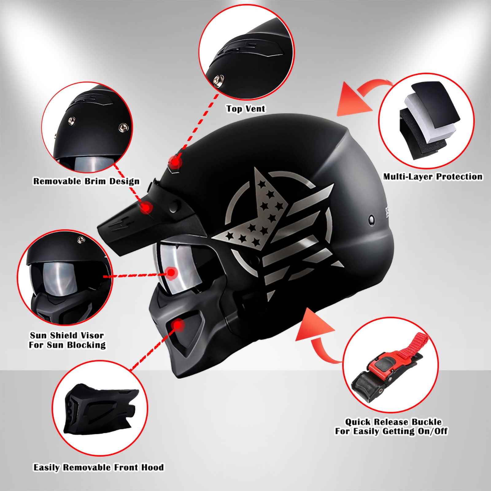 1Storm Motorcycle Full Face Helmet Open Face Helmet with Smoked Shield (Detachable Visor & Face Mask): HKY881S-E Glossy Black
