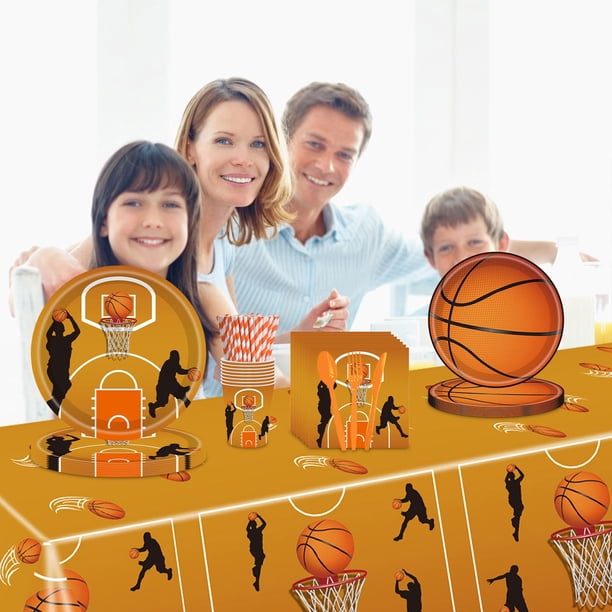 Juego de suministros para fiestas de baloncesto | Platos de papel desechables, mantel, servilletas • Kit de decoración deportiva de cumpleaños • Resistente, a prueba de fugas • Diseño festivo