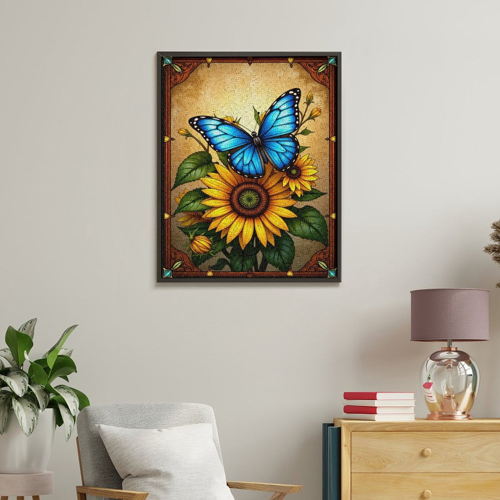 Paint By Numbers Kit for Adults Beginner - DIY Blue Butterfly Sunflower Art Canvas Painting Kits for Adults, Frameless Paint By Number for Adults for Home Wall Decor 16x20 Inch