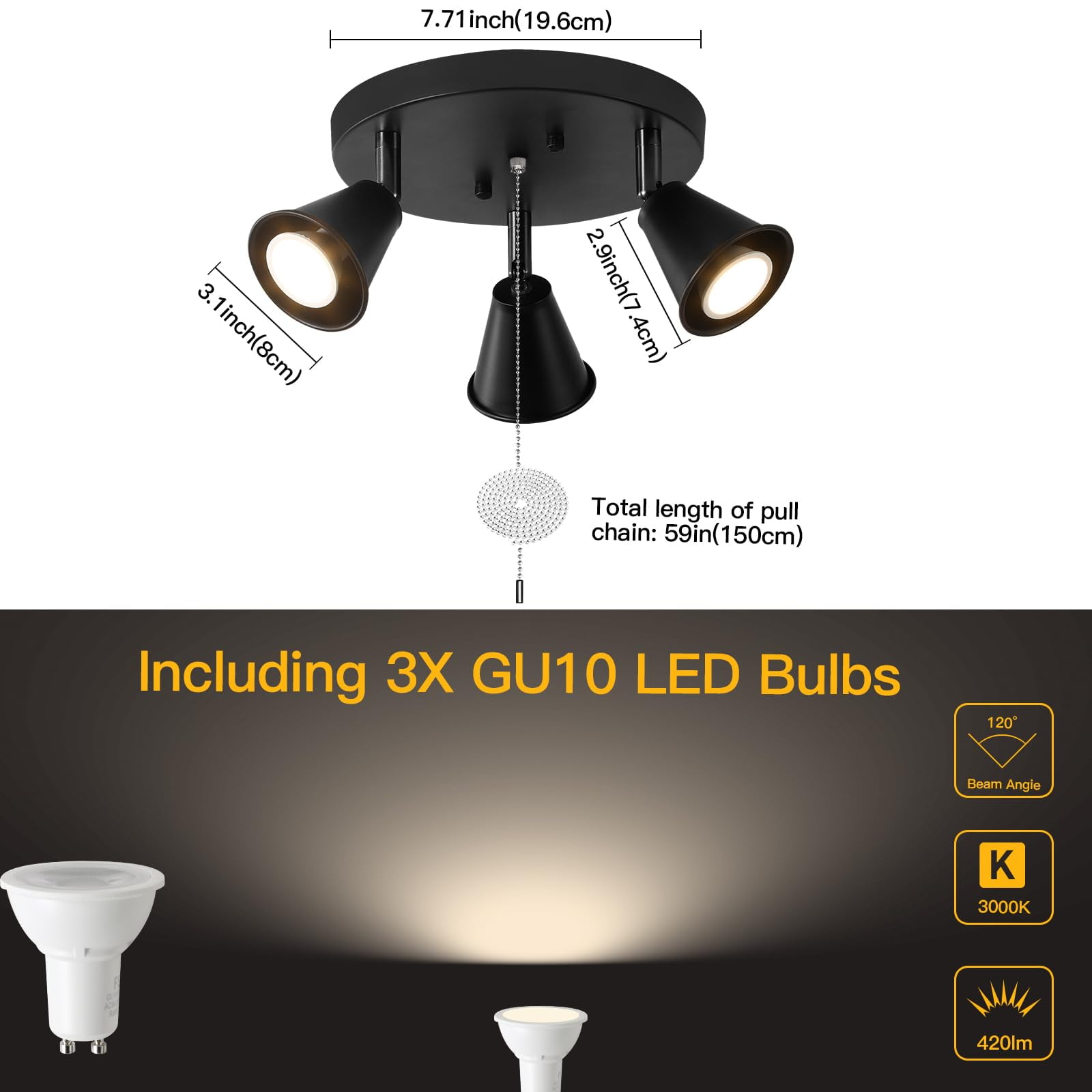 Directional Track Lighting Industrial Modern with Pull Chain On Off 3-Light Black Ceiling Spotlight Flush Mount