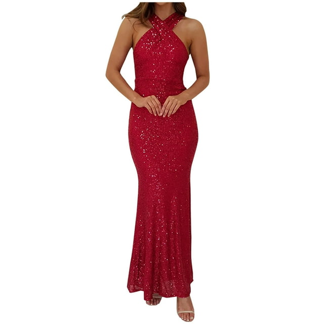 QIPOPIQ Robe Midi d'Été pour Femme à Col Licou Sans Manches Froncée Moulante Fendue à Paillettes Portefeuille pour Fête Cocktail Liquidation
