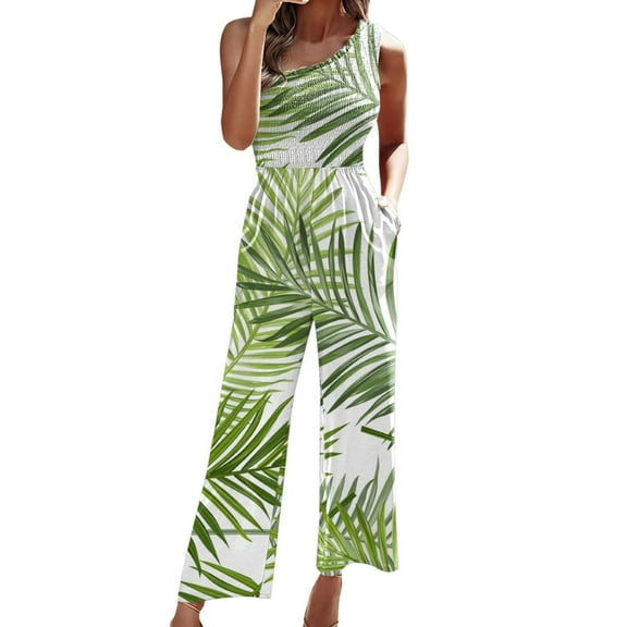 Puntoco Women Plus Size Jumpsuit Clearance Slimming Straps One Shoulder Pleated High Waist Leg Pants Printed Jumpsuit Green 12(XXL)