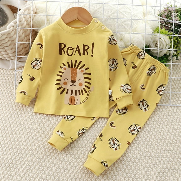 fnnxnal Little Girls Outfit Set Set 5T Yellow - 100% Cotton, Lion Print "Roar!", Shoulder Snaps, Elastic Waist, Sleepwear & Loungewear