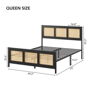 Queen Size Bed Frame with Headboard - Boho Rattan Platform Bed Frame with Reinforced Metal Slats | No Box Spring Required | Sturdy Noise-Free Design for Quiet Sleep | Easy Assembly Modern Bedroom Furn