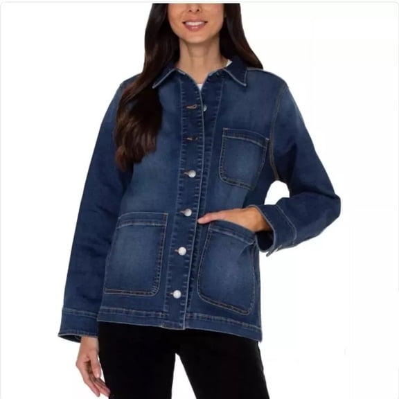 Well Worn Womens Denim Chore Jacket Comfort Stretch Heavyweight (Dark Blue, Small)