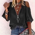 thumbnail image 1 of Womens Spring and Autumn V-Neck Solid Color Temperament Off-The-Shoulder Long-Sleeved Zipper Top, 1 of 8