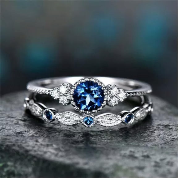HOOUN 2pcs/set Women's Wedding Set Rings Alloy Silver Round Cut Emerald Ring Size 6-10-Deep Blue-7