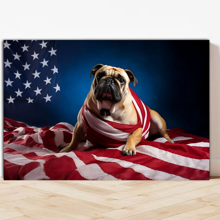 Bulldog Dog American Flag Canvas Poster Wall Art Dog Pictures for