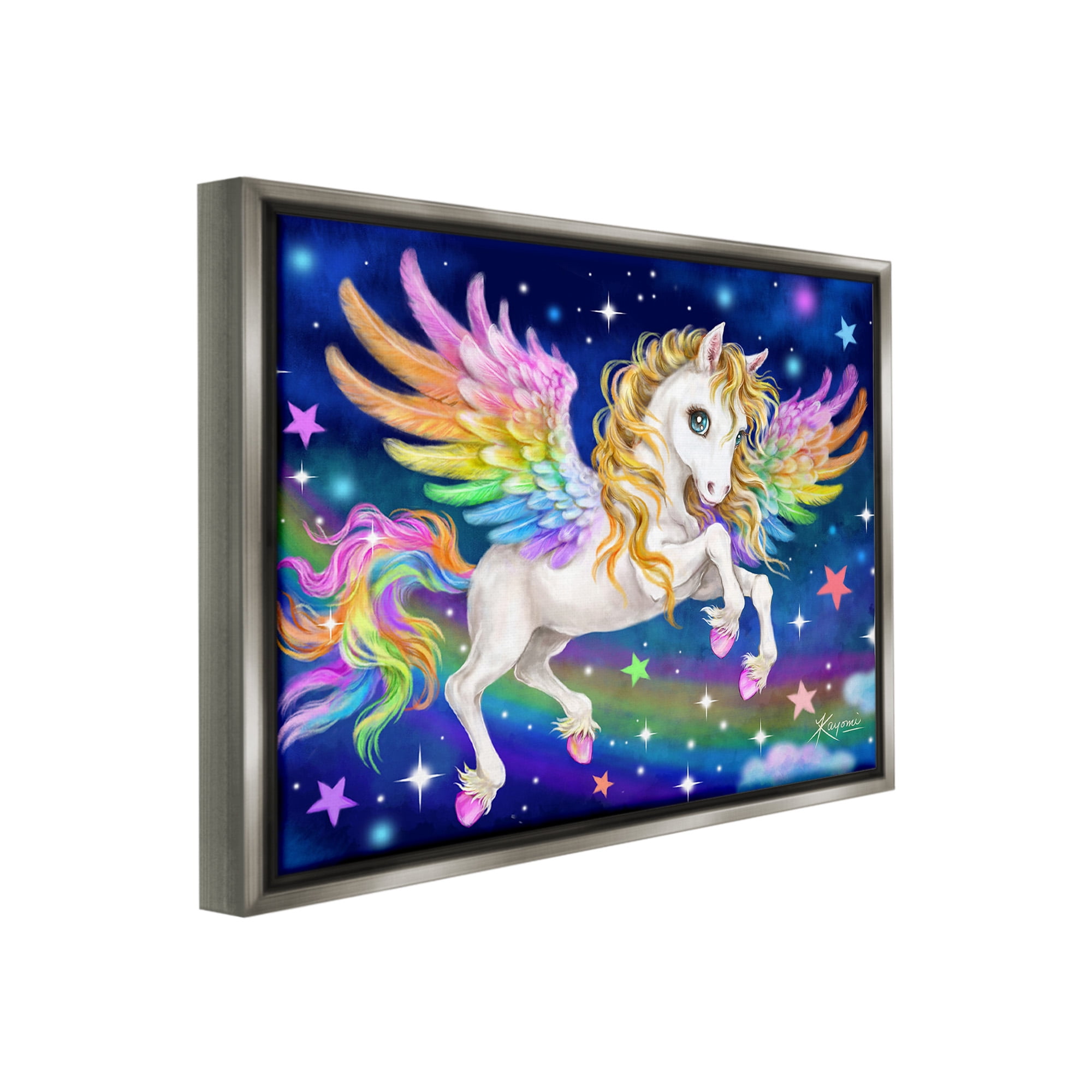 Stupell Industries Rainbow Unicorn in Space Fairy Tales & Fantasy Painting Gray Floater Framed Canvas Art Print Wall Art, 31 x 25