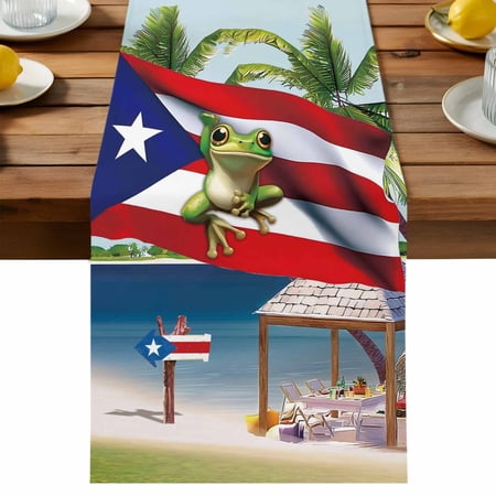 Puerto Rico Table Runner, Flag Frog Red White Stripes Beach Palm Trees Cotton Linen Table Cloth, Tablerunner for Kitchen Dining Party Wedding Home Decor 13x90 Inch
