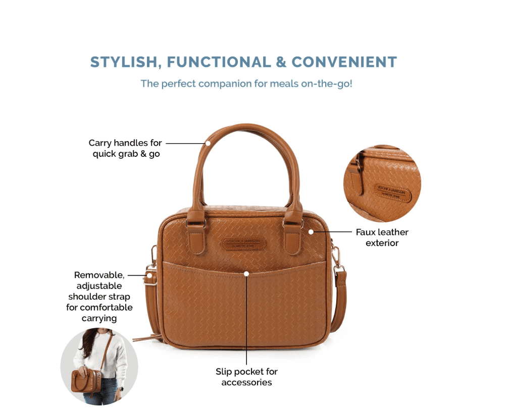 Veronica Jamison Hampton Faux Leather Lunch Tote by Arctic Zone, Lunch Bag with Food Storage & Ice Pack