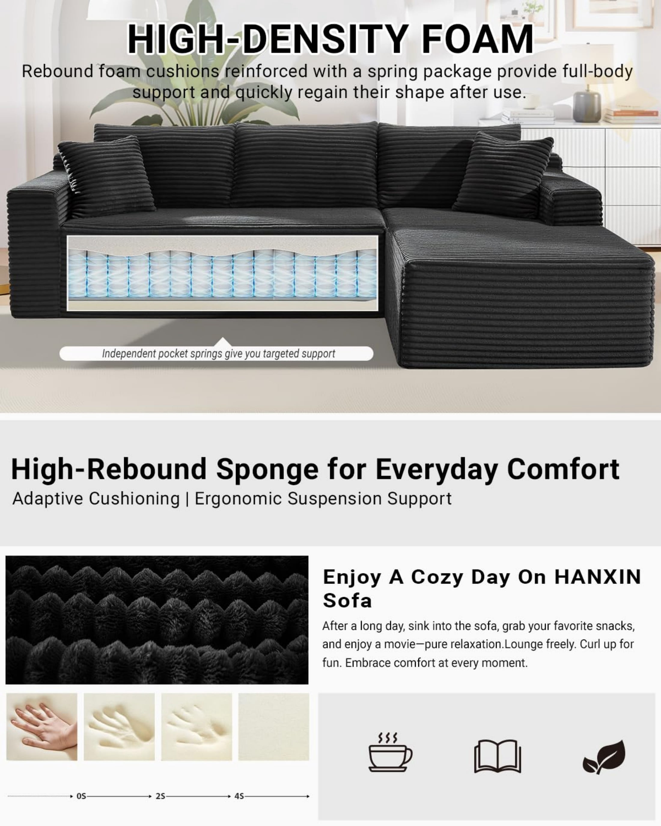 Aukfa 107" Cloud Modular Sectional Couch with Right-Facing Chaise, Corduroy Deep Seat Boneless Sofa for Living Room, Apartment, Black
