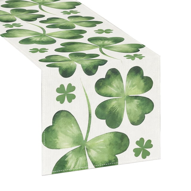 St Patricks Day Table Runner, 72 x 13 Inches Green Clover Print Woven Tablecloth, Waterproof Wipe Clean Fabric for Dining Table Kitchen Holiday Party Decor