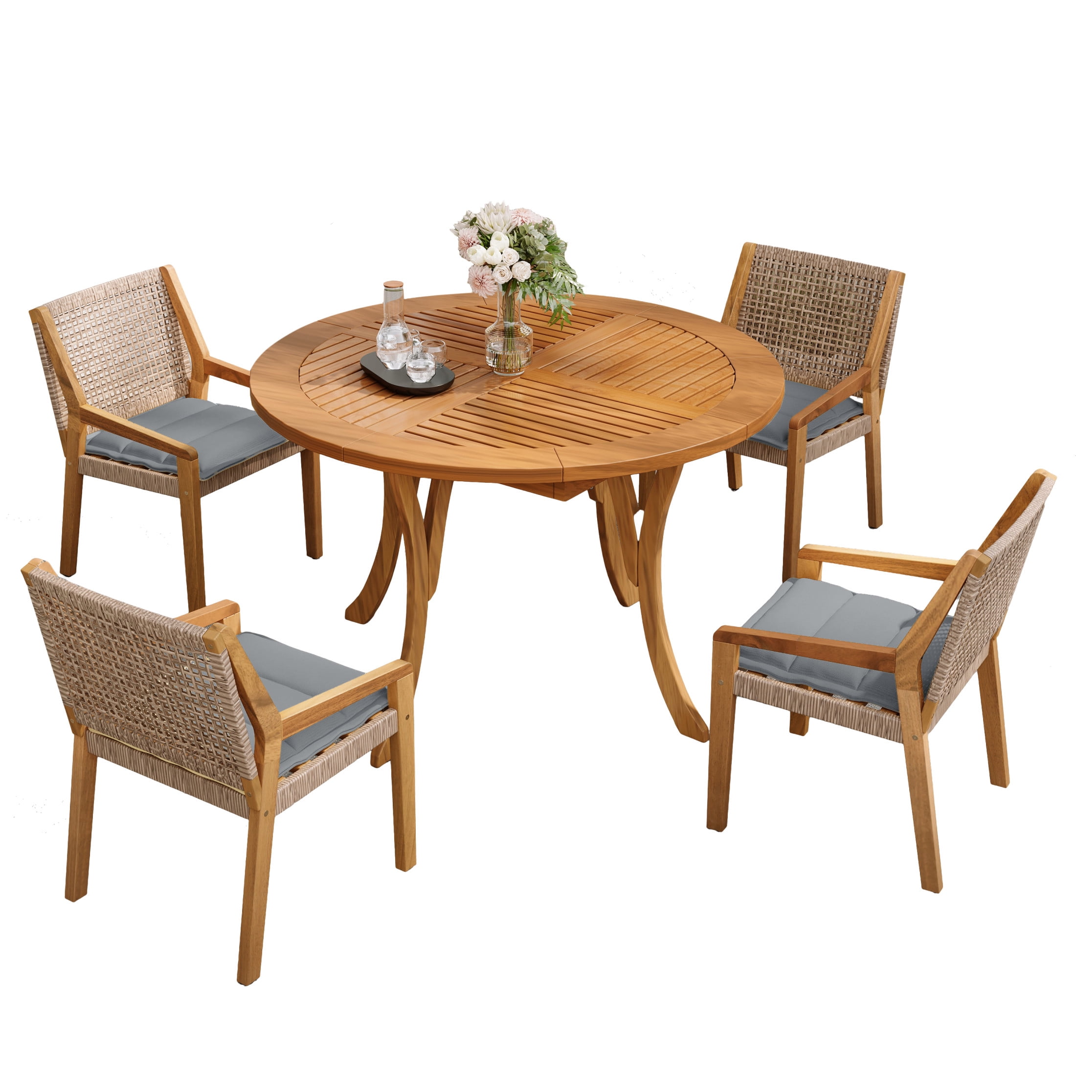 Christopher Knight Home 5-Piece Outdoor Dining Set, Curved Legs Acacia Wood Table & Wicker Armchairs, Teak