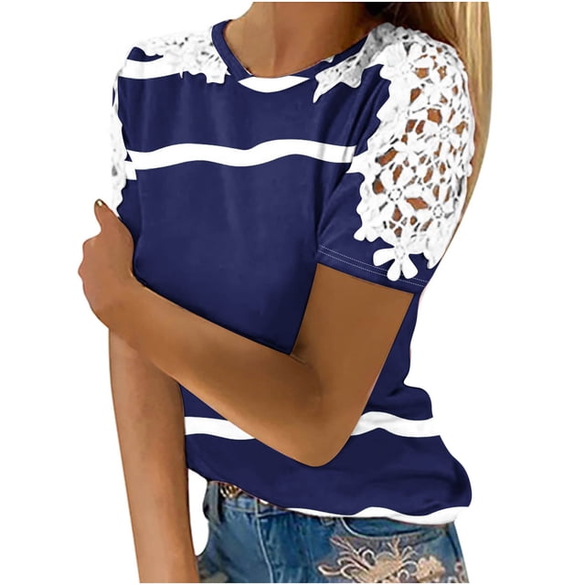 Camisas de Manga Corta para las Mujeres Impresión Cuello Redondo Suéter Encaje Camisa, Blusa de Verano Casual para las Mujeres