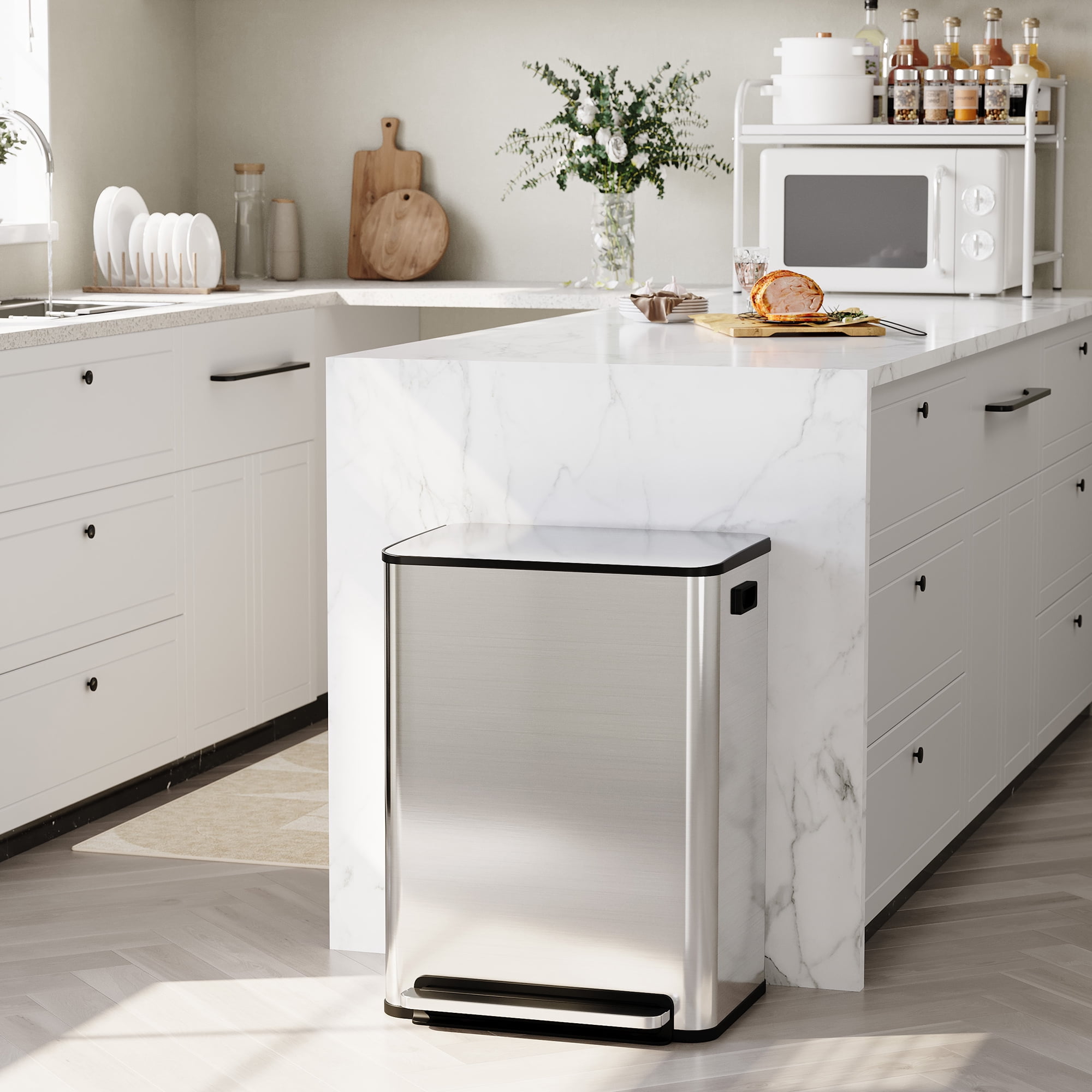 JoanKaren 16 Gal Stainless Steel Dual Trash Can with Recycling Bin,Pedal Step-on Compartment Garbage Bin,Silver