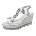 thumbnail image 6 of Modisza Womens Rhinestone Low Wedge Sandals Summer Dressy Platform Slide Sandal Clear Strap Open Toe Flower Shoes for Party Size 9.5 White, 6 of 7