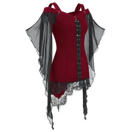 YanHoo Women s Plus Size Gothic Blouses Mesh Butterfly Sleeve Corset Lace Up Steampunk Medieval Renaissance Vampire Tops