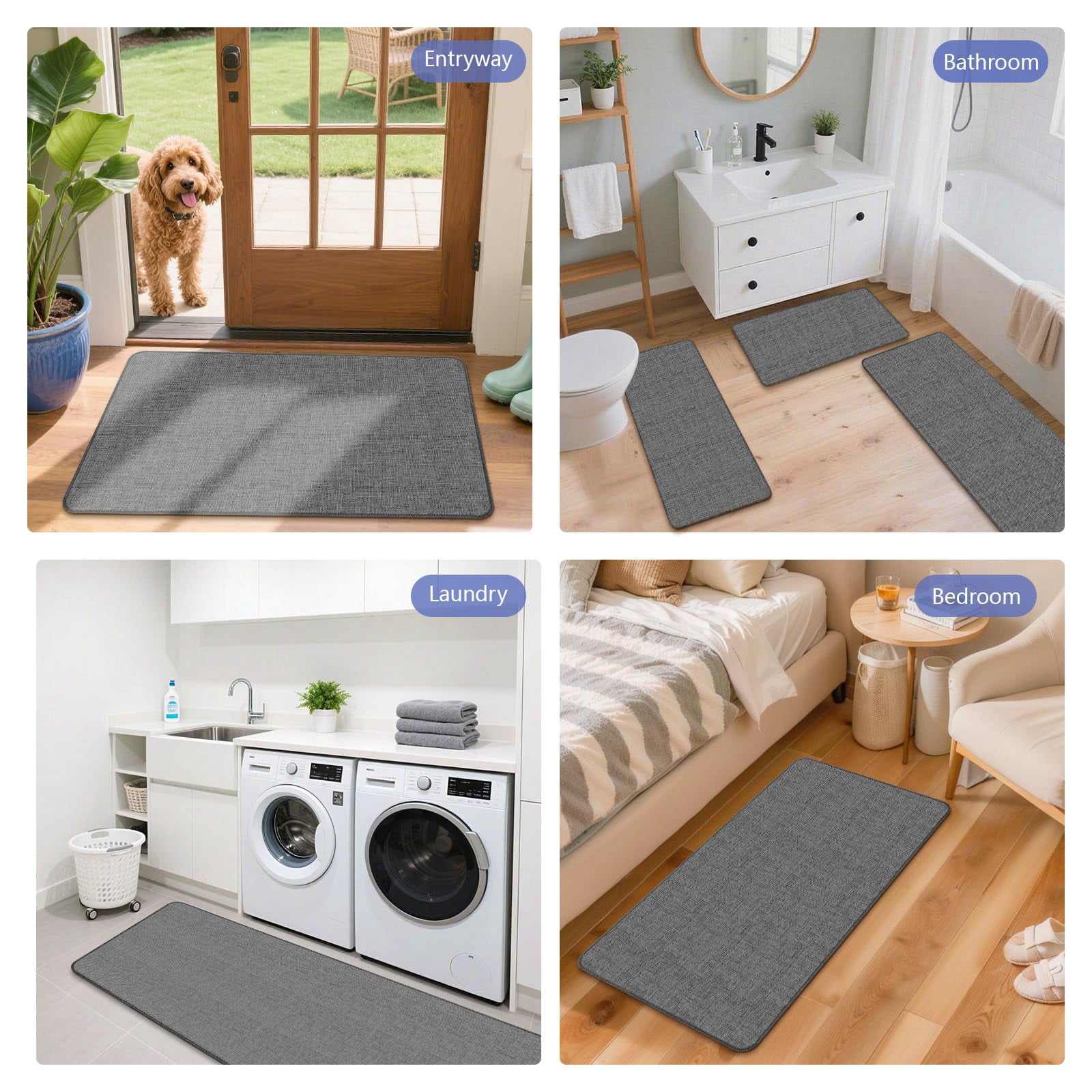 Non Slip Kitchen Rugs Mat Washable Linen-Like Thin Kitchen Mats for Floor, Rubber Backing Absorbent Stain Resistant Standing Floor Mat Front of Sink Laundry, Easy Clean, Dark Gray 17"x30"