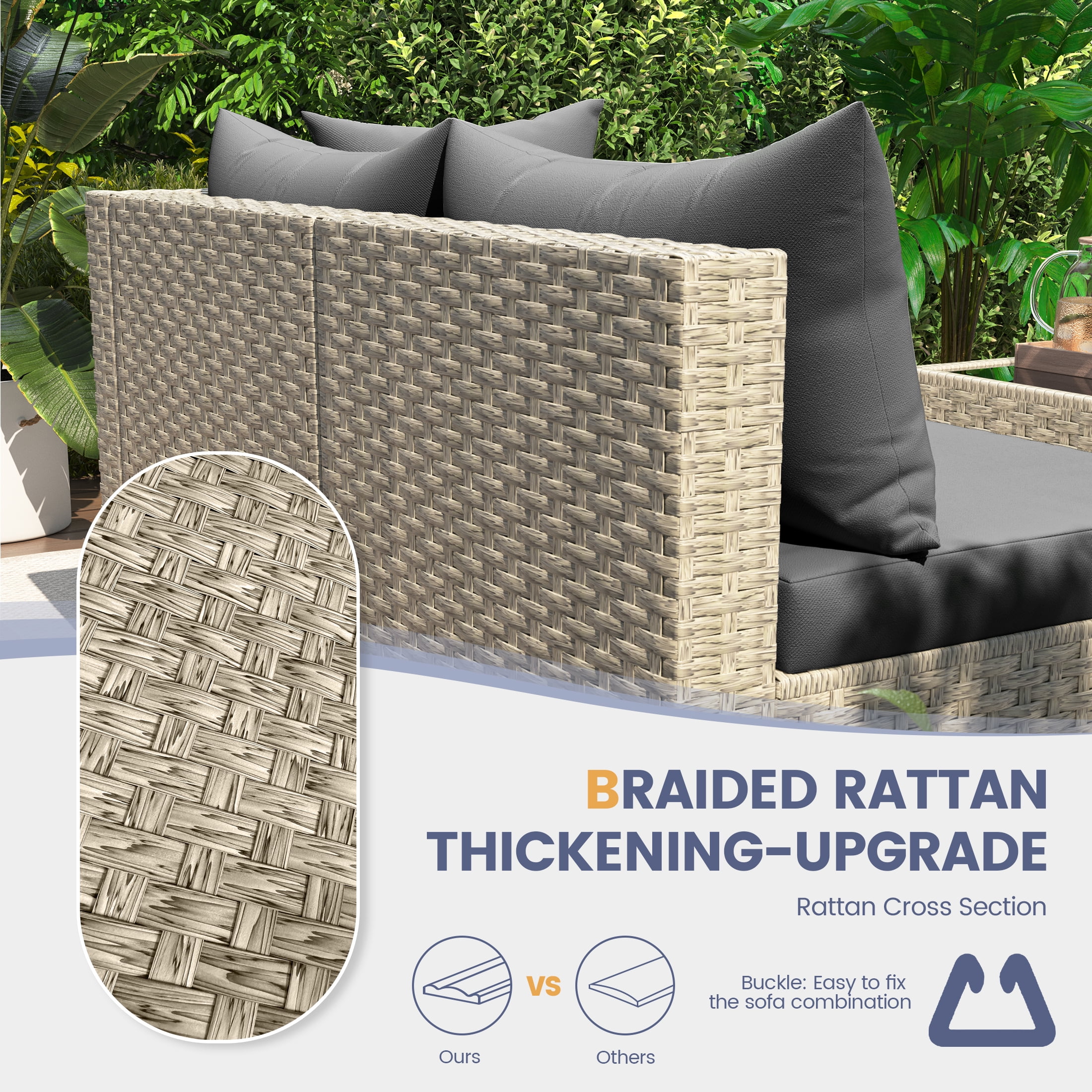 UDPATIO 7-Piece Outdoor Wicker Patio Furniture Set with Cushions for Backyard, Porch, Garden, Gray