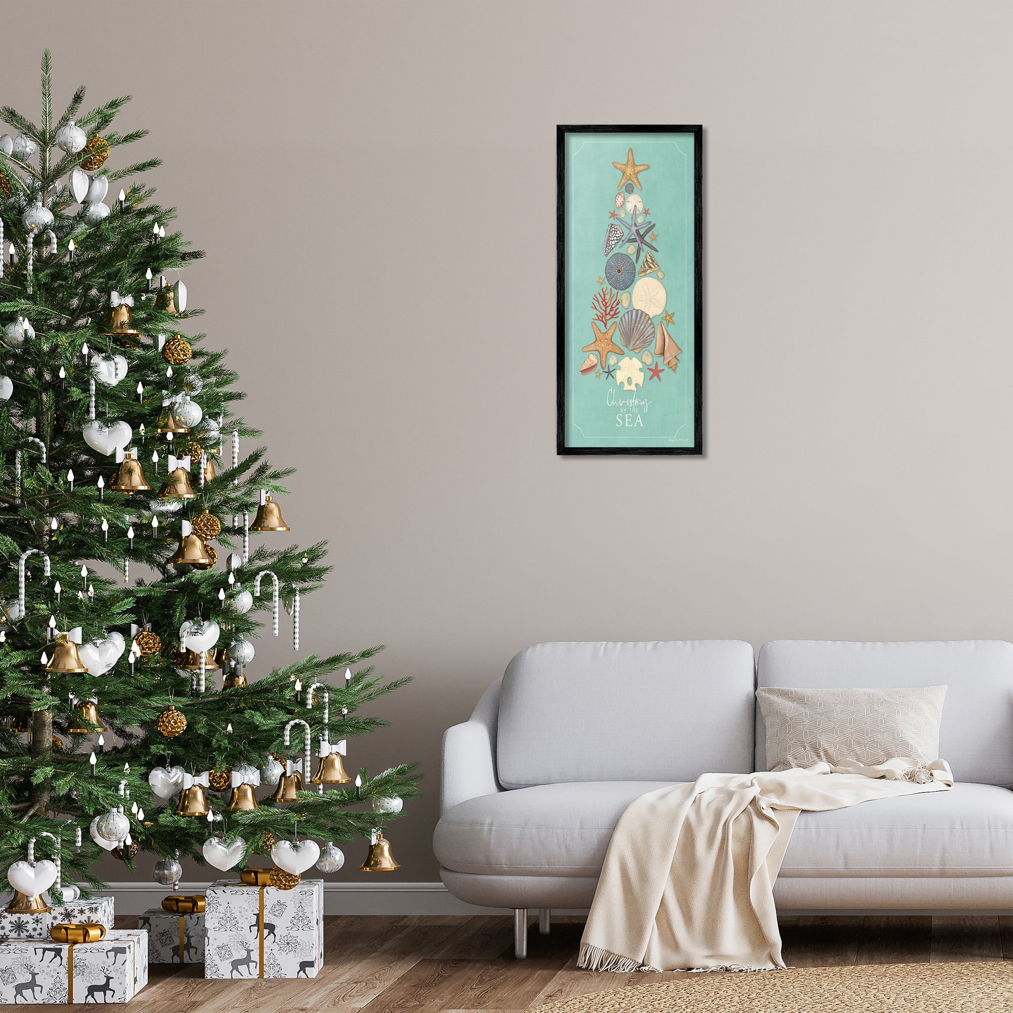 Stupell Industries Seashell Holiday Tree Holiday Painting Black Framed Art Print Wall Art, 13 x 30