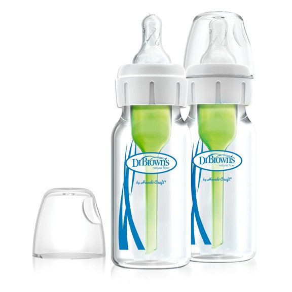 Dr. Brown's Natural Flow Anti-Colic Options+ Narrow Glass Baby Bottles with Level 1 Slow Flow Nipple, 0m+, 2x4oz Glass Bottles