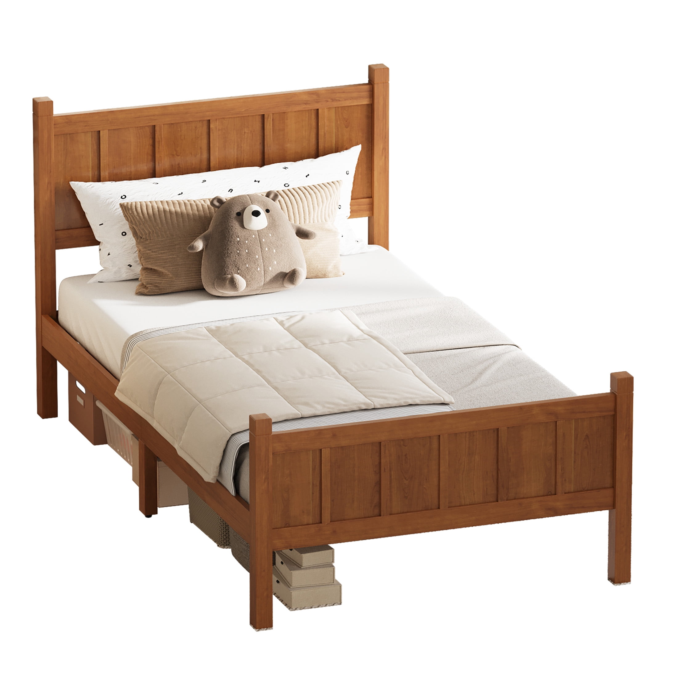 Noble House Twin Platform Bed with Headboard and Footboard, Wood Frame, Light Walnut