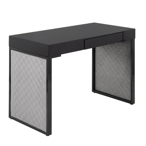 Indoor Home Office Furniture Drift Contemporary Upholstered Desk In Black Steel, Black Wood And Silver Velvet