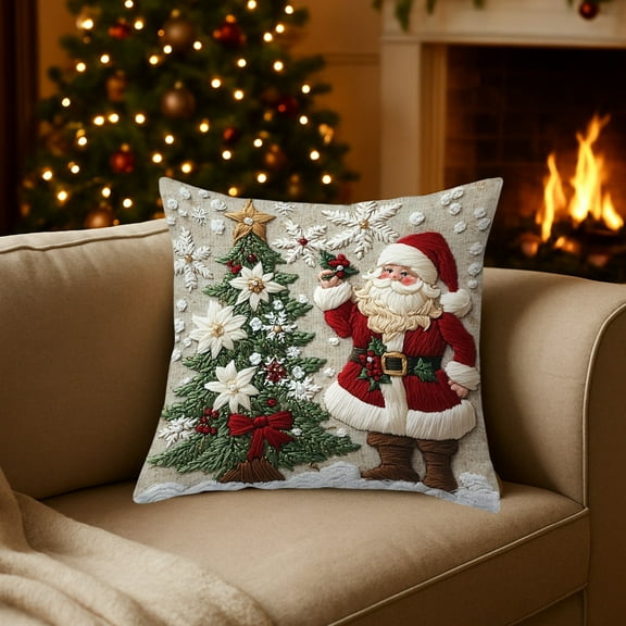‌Christmas Embroidered Throw Pillow Covers 18x18in,Santa & Tree/Reindeer Design,Farmhouse Holiday Decor for Sofa,Living Room,Car,Bed,Winter Decor,Christmas Thanksgiving Decor‌