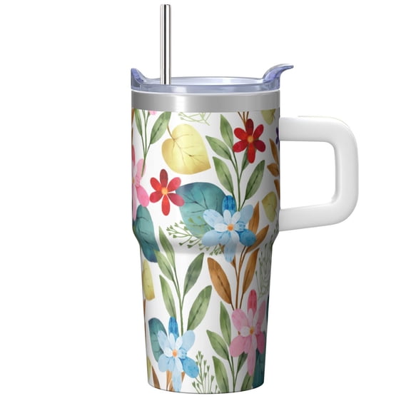 20oz Elegant Spring Pattern Tumbler with Handle and Straw Lid, Chinoiserie Floral Insulated Travel Coffee Mug for Her