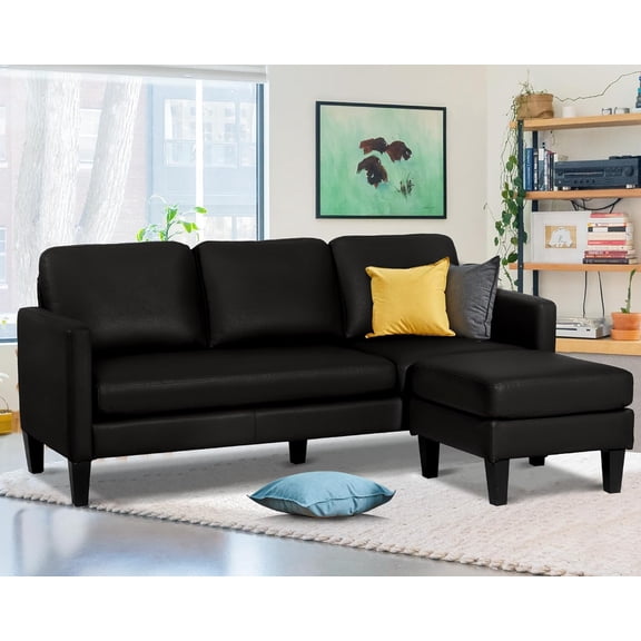 Faux Leather Sectional Couch, L Shaped Sofa with 3 Seater Couch and Reversible Chaise Convertible PU Leather  Couches for Living Room (Black)