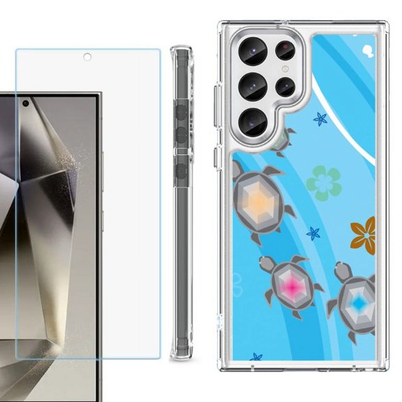 OneToughShield ® Case Compatible with Samsung Galaxy S24 Ultra, Shockproof Bumper Phone Case, with Tempered Glass Screen Protector - Happy Turtle