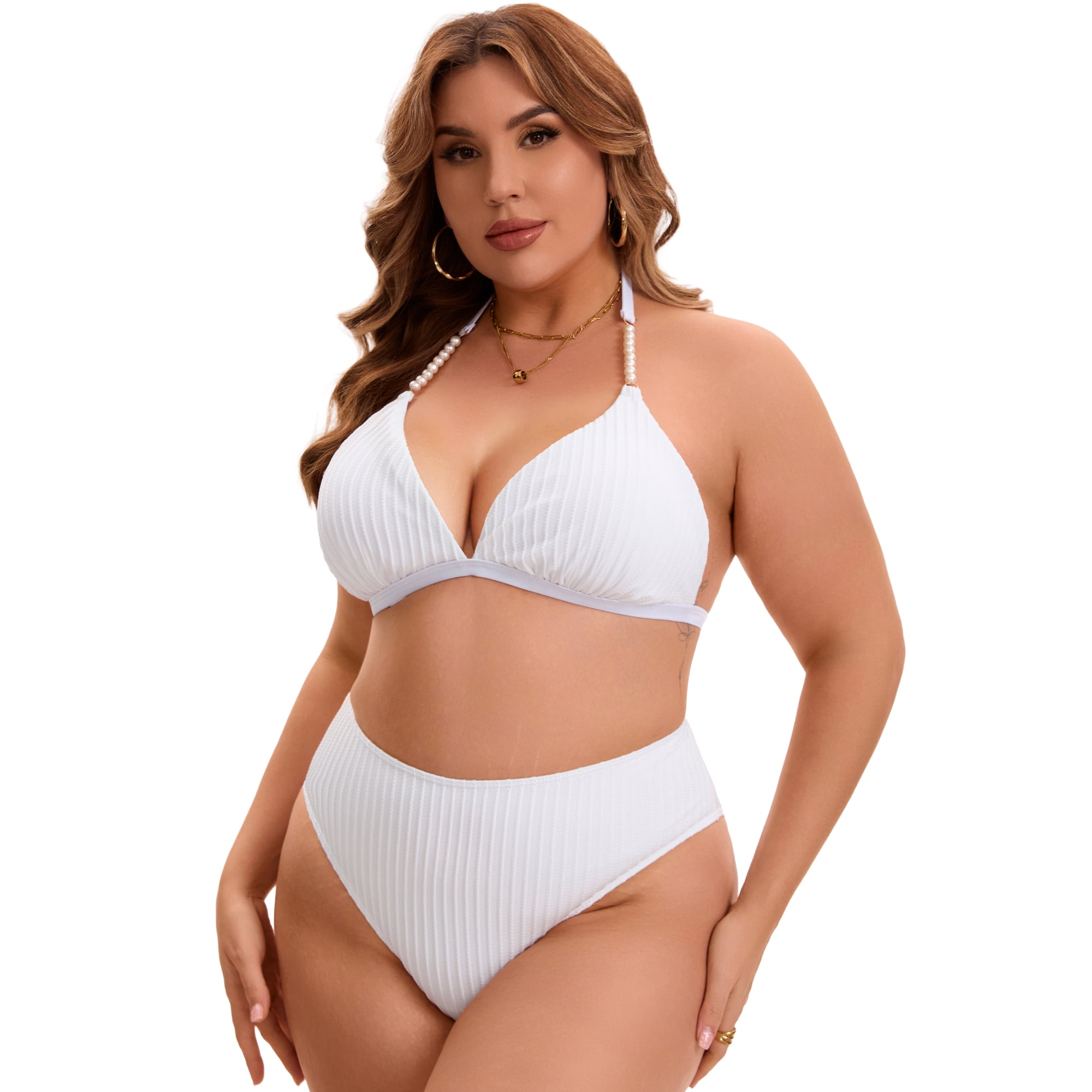 DARING DIVA Women's Plus Ribbed Halter Pearl Strap Top High Waisted Shorts 2X White