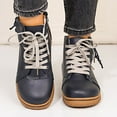 thumbnail image 2 of Womens Vintage Wedge Combat Boots Casual Adjustable Mid Calf Walking Riding Short Ankle Booties with Side Zipper Dark Blue Size 8.5, 2 of 7