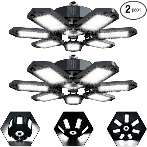 KEPEAK 120W Deformable LED Garage Ceiling Lights, E26/E27 LED Lights for Garage, 2 Packs