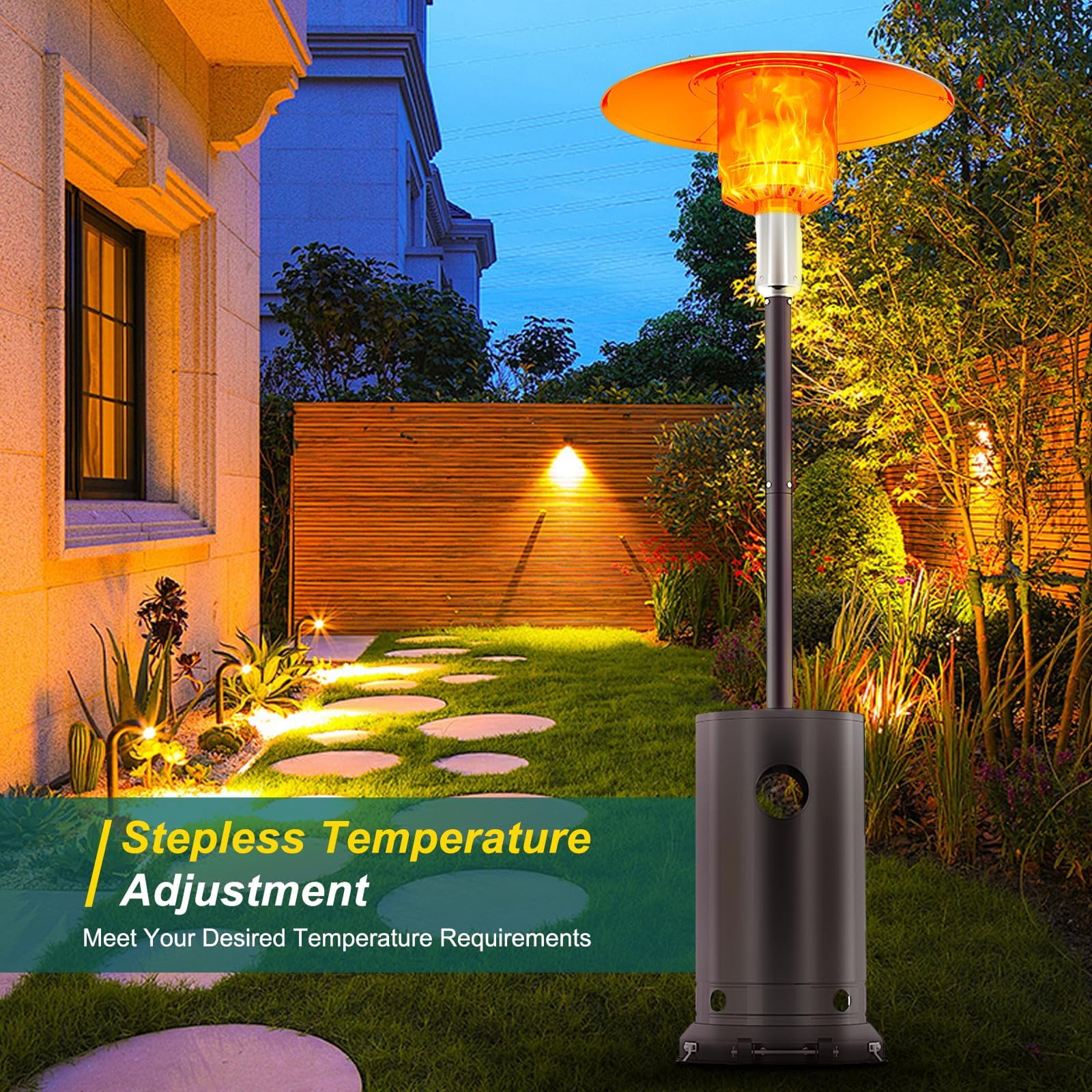 48,000 BTU Propane Patio Heater with Wheels & Table – 2-Layer Stainless Steel Outdoor Heater, Triple Safety, ETL Certified, Adjustable Height for Backyard, Porch
