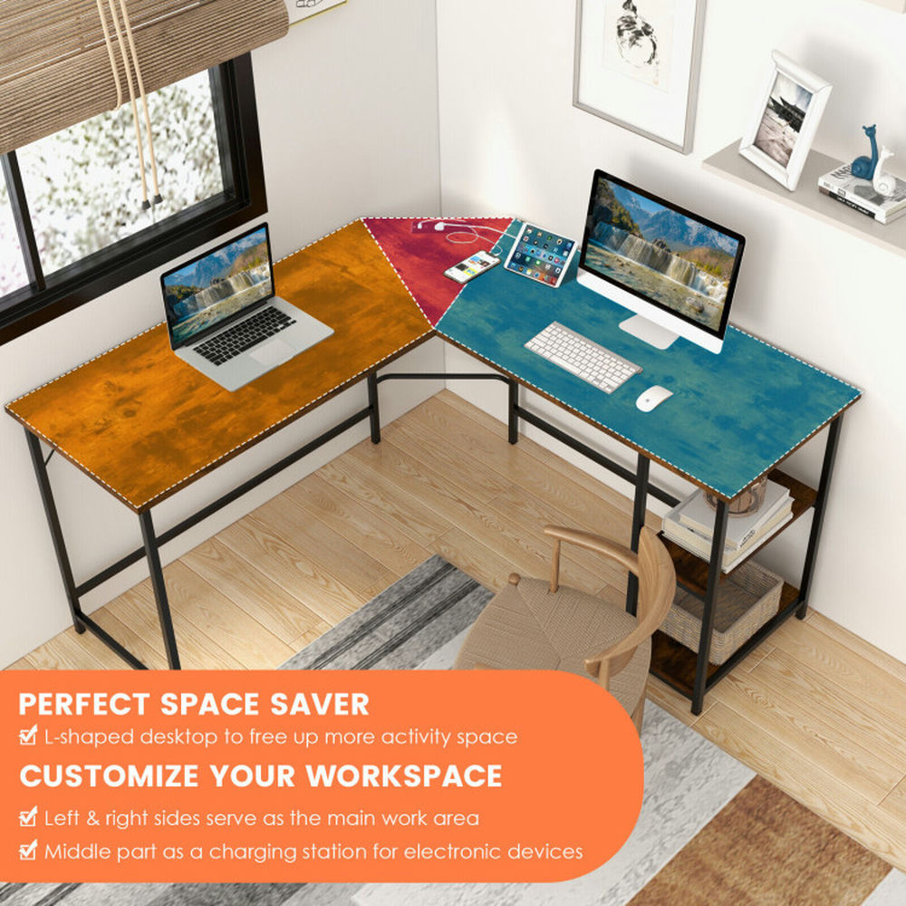 Demi Bonn L Shaped Computer Desk with 2 Outlets and 2 USB Ports, Small Home Office Desk Study Writing Table, Brown