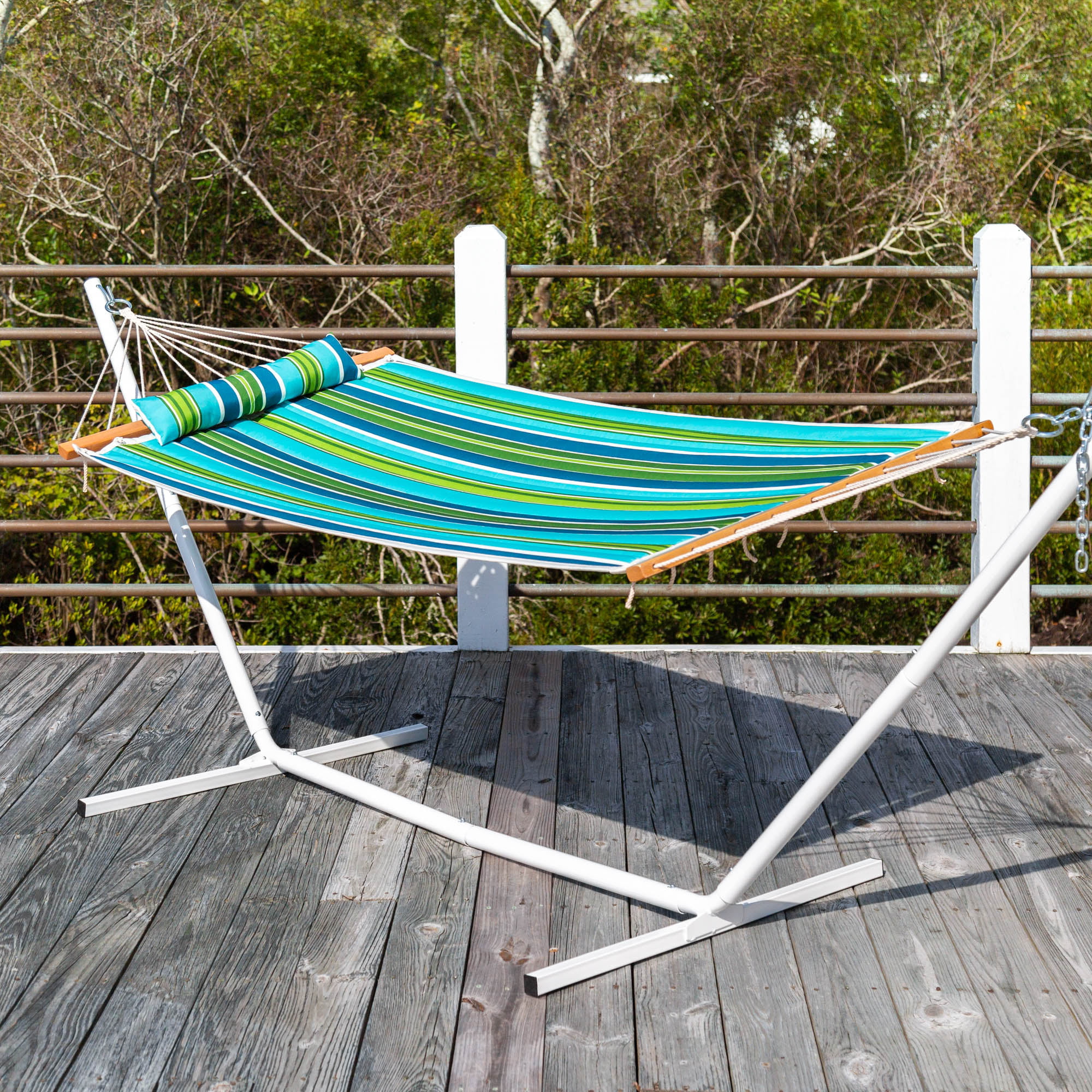 Castaway Living 11 ft L x 36 in W Quilted Hammock w/ Stand and Pillow Combo  - Blue and Green Stripe