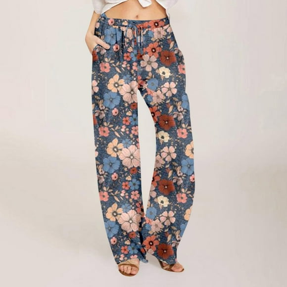 Women's Printed Linen Pants 30" Inseam Drawstring Elastic Waist Casual Pull On Beach Trousers With Pockets Women's Casual Pants Size 16 Pinstripe Pants Women Casual Women Pants Casual Elastic Waist