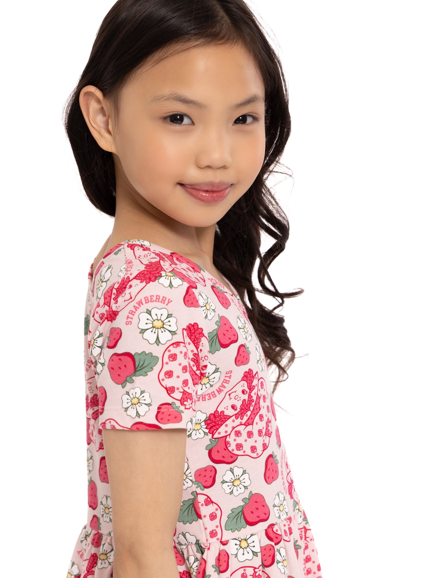 Strawberry Shortcake Girls Allover Print Dress with Short Sleeves, Sizes 4-12