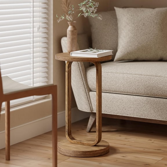 SolaceHue Farmhouse Round End Table, Minimalist Small Drink Table, Rustic Plant Stand for Living Room or Bedroom, Boho, Natural Wood Color