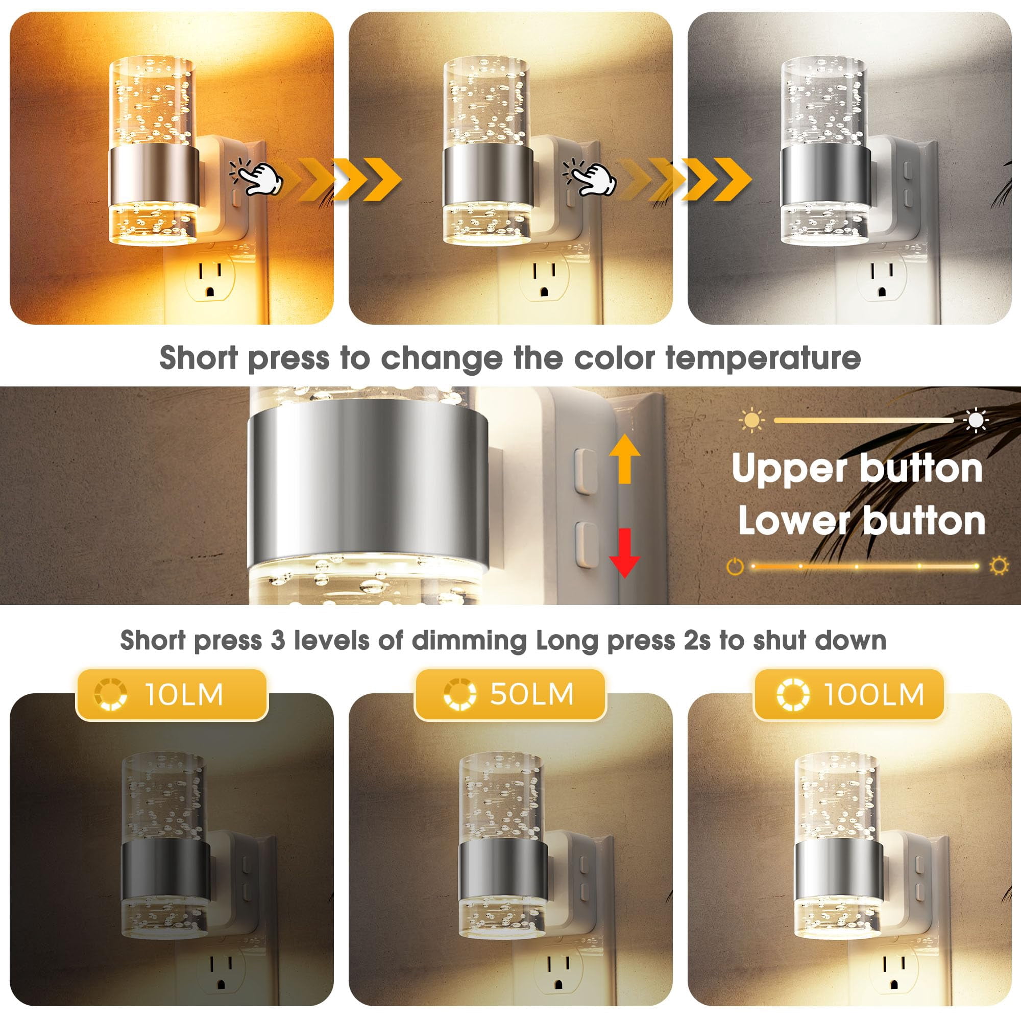 Night Lights Plug Into Wall  Dimmable Light With Dusk-to-dawn Sensor Soft White/cool White/amber 3 Color Adjustable Brightness Rotatable Bubble Nightlight For Hallway