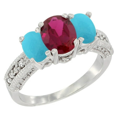 - 14K White Gold Diamond Enhanced Ruby Ring Oval 3-stone with Turquoise, sizes 5 - 10