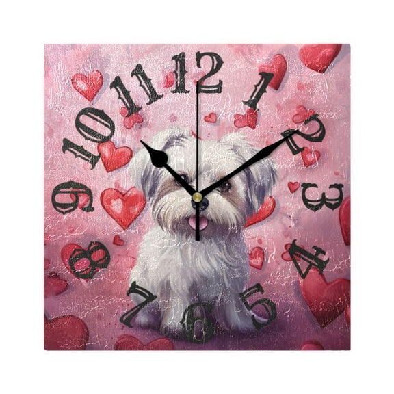 Dog Hearts Pink Wall Clock Square Silent Non Ticking Battery Operated Clock for Home Bathroom Kitchen Bedroom Living Room