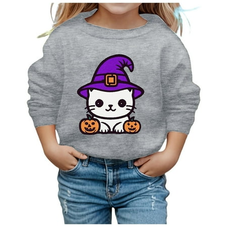 Weebloom Boys Girls Halloween Sweatshirt Cartoon Print Crewneck Casual Pullover Long Sleeve Tops For Kids Toddler Youth Fall Winter Outfit Sweatshirts Lovely Dailywear Grey