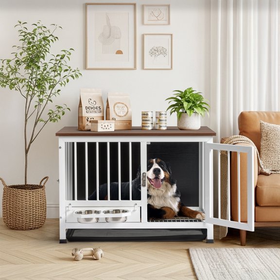 UBesGoo 31in Multi-Functional Dog Crate, Rustic Brown & White End Table with 360° Rotating Feeder and Removable Tray