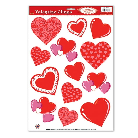 Beistle Valentines Day Heart Clings (12 Sheets Per Case)
