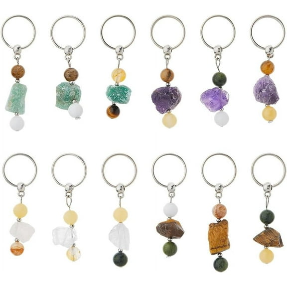 1 Set 12Pcs Natural Gemstone Keychain with Iron Findings 6cm 12pcs/set